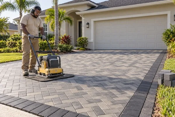Paver installer operating a plate compactor on a newly laid residential driveway with a dark border.
