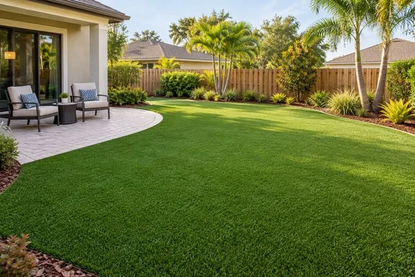 Backyard with artificial turf, a curved paver patio, lounge chairs, and landscaped borders along a wooden fence.