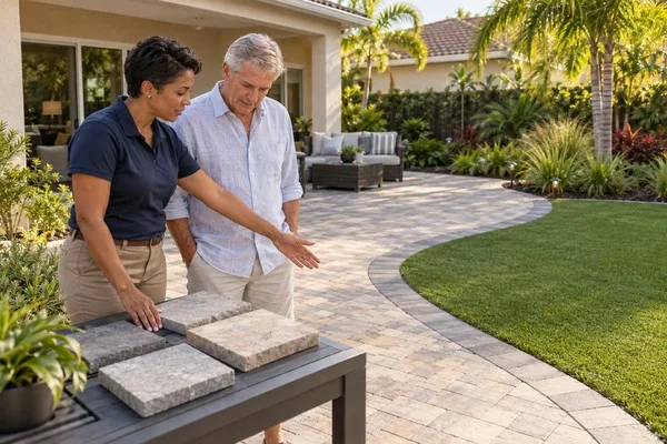 Hardscape contractor and homeowner comparing paver samples beside a backyard patio and turf area.