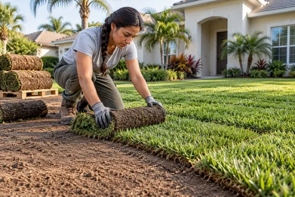 Landscaper unrolling fresh sod onto prepared soil beside a newly installed residential lawn.