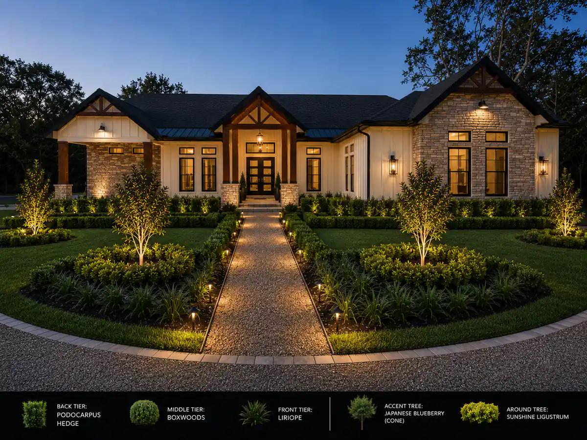 Lake Mary ranch home after with tiered garden beds, fresh sod, and landscape lighting
