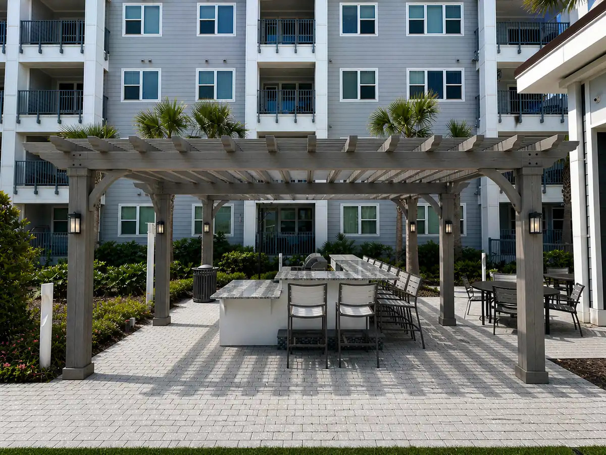 Sanford apartment courtyard after with a timber pergola built over the dining island