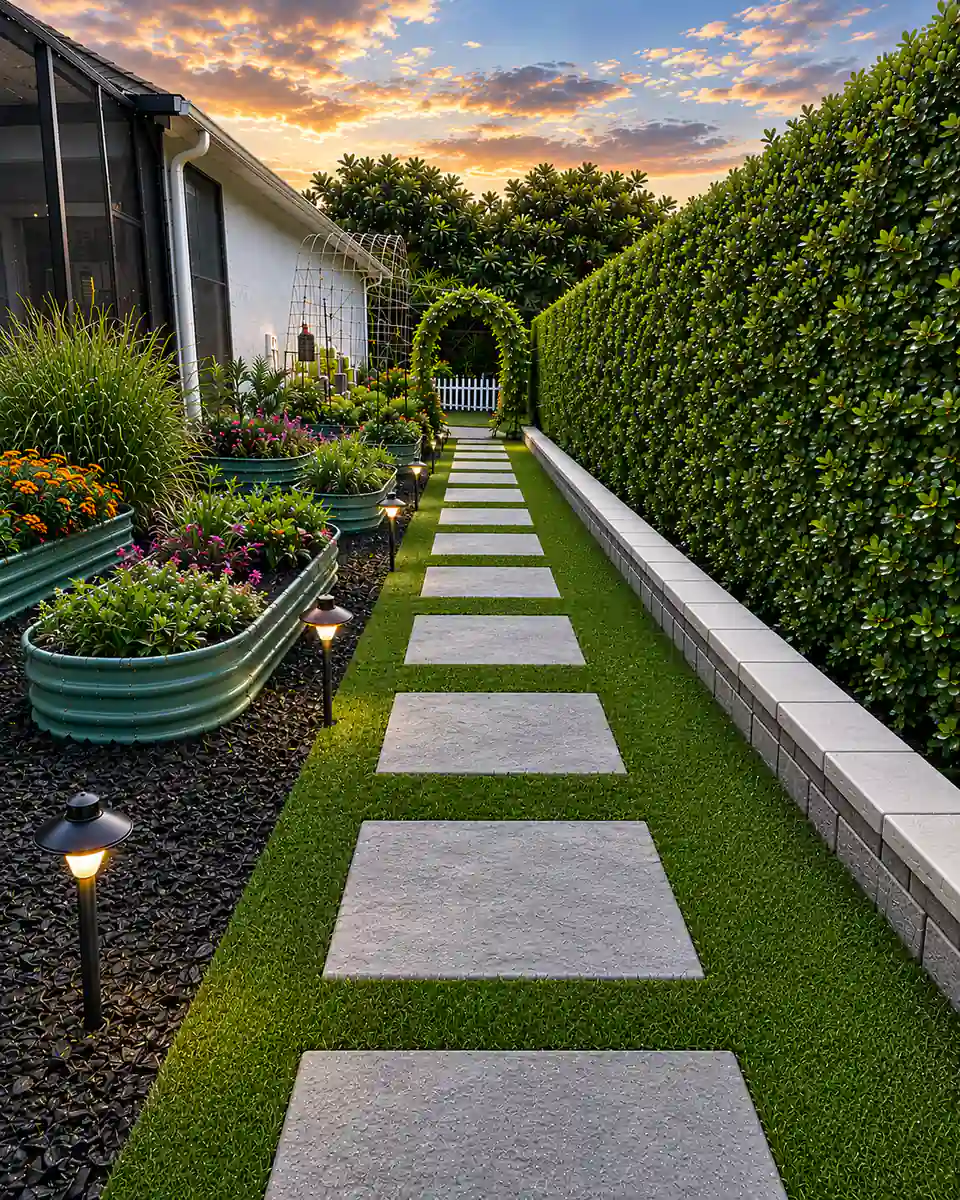 Sanford side yard after landscaping with paver walkway, turf, river rock beds, and path lighting