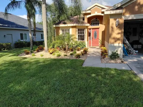 Colorful crotons and tropical palms in front yard landscaping